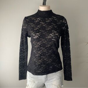 H&M Lace High Neck Long Sleeve Top Blouse Goth Gothic Sheer Black Size Small
